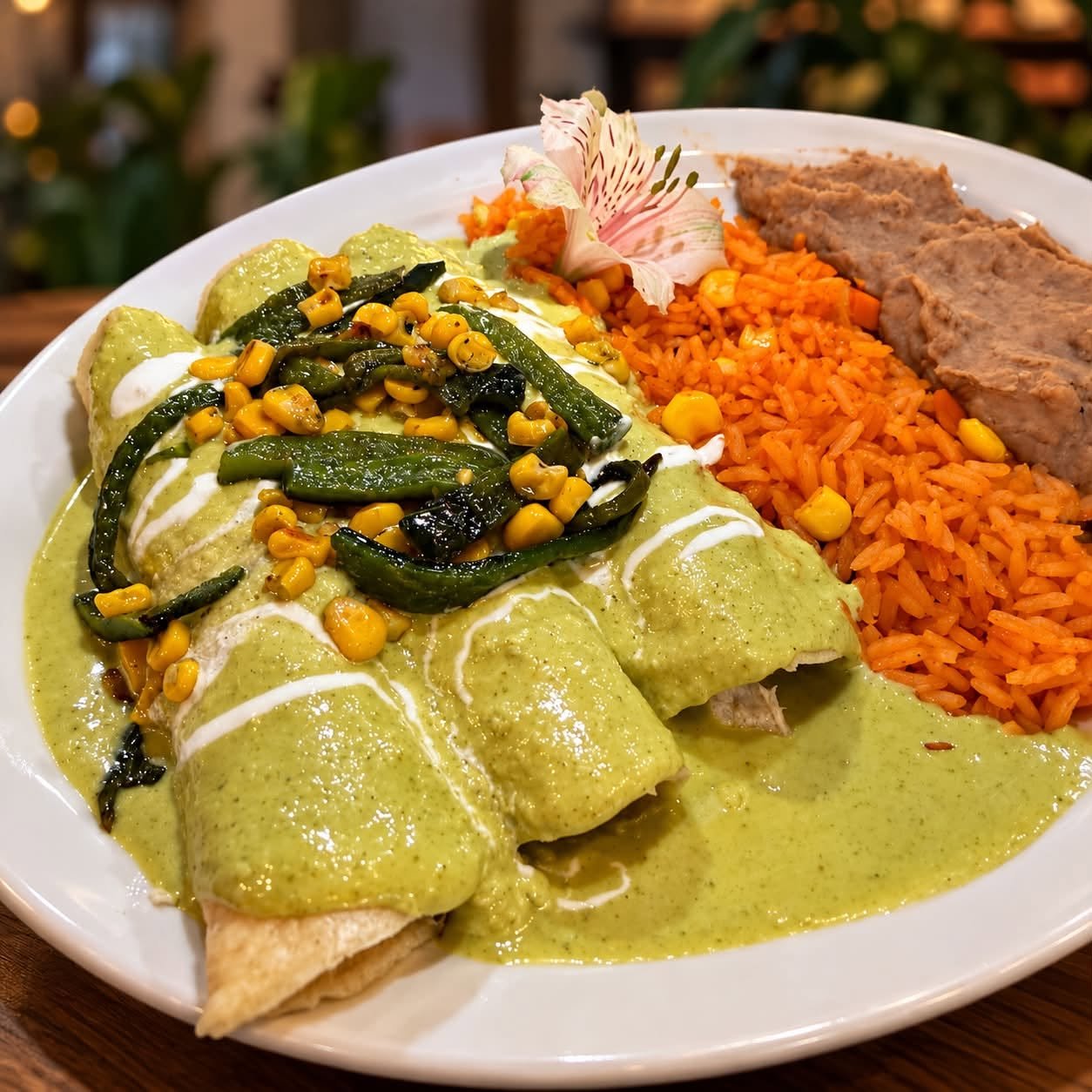 Enchiladas in a creamy green sauce with crema, roasted corn and charred poblano rajas, with Mexican rice and refried beans on the side